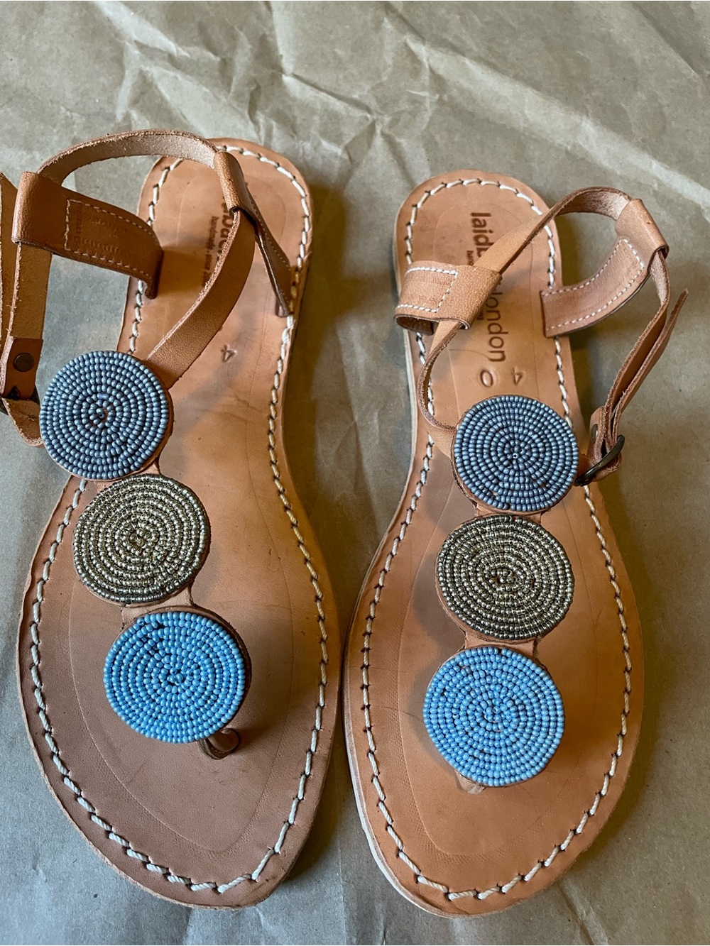 NWT Laidback London Women's Tan Beaded T-Strap Sandals - Blue & Gold Beads